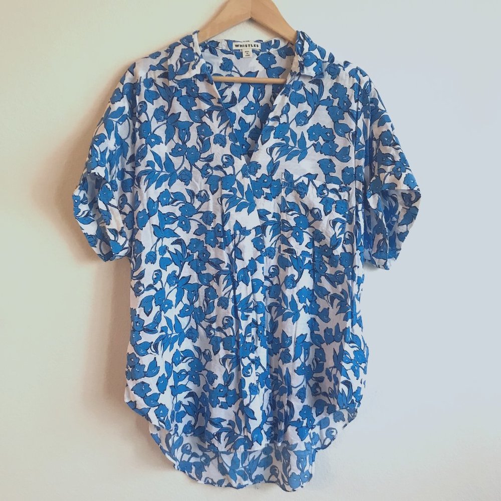 Whistles V Neck Collared Blue and White Floral Print Short Sleeved Blouse Size M